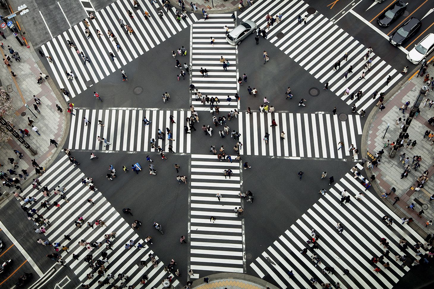 aerial view of busy cross walk